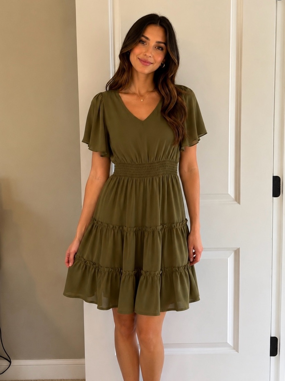 Olive V-Neck Tiered Short Sleeve Dress